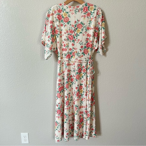 1. State Cream Wrap Midi Dress Flutter Sleeve w/ Pink Yellow Green Floral Size 8 - Picture 3 of 12